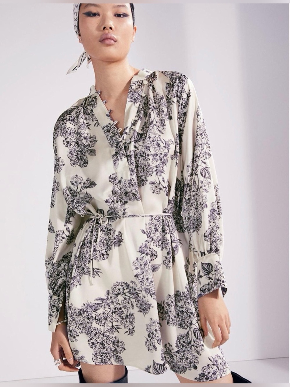H&M Toile Floral Print Long Sleeve Dress